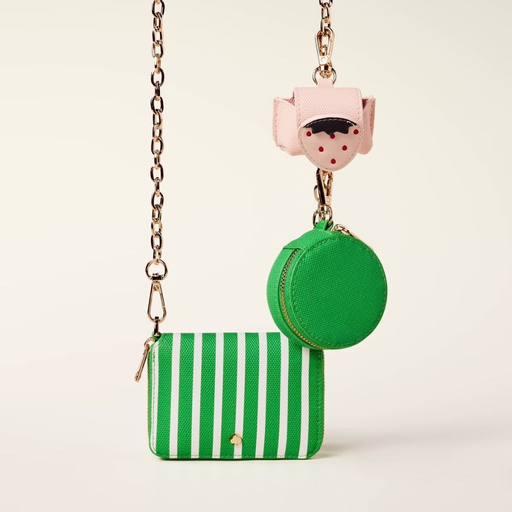 Striped Green Crossbody Pouch Set with Gold Chain - Picture 2 of 3